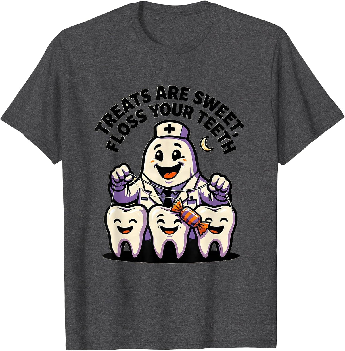 Treats Are Sweet Floss Your Teeth Cartoon Halloween Dentist T-Shirt - Dark Heather Grey