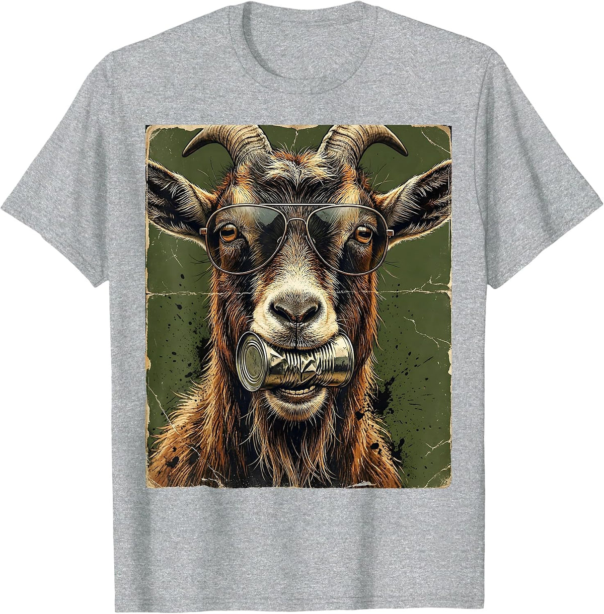 Men's Funny Goat Wearing Sunglasses Eating Tin Can T-Shirt - Heather Grey