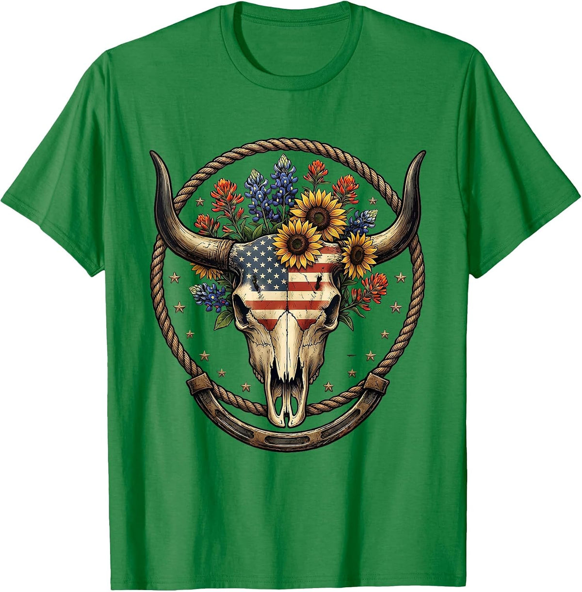 Men's Bull Skull Wildflowers Western Boho Floral Illustration T-Shirt - Kelly Green