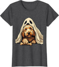 Women's Curly Goldendoodle Ghost Bone Stealing Halloween Humor T-Shirt - Dark Heather Grey