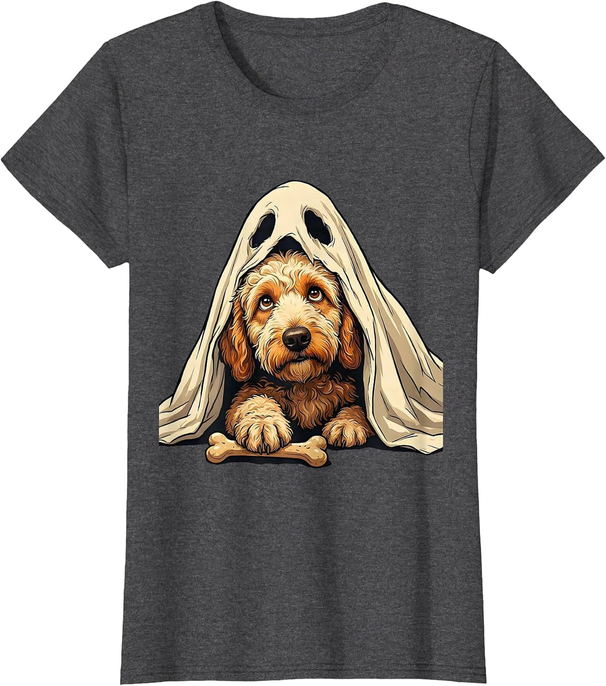 Women's Curly Goldendoodle Ghost Bone Stealing Halloween Humor T-Shirt - Dark Heather Grey