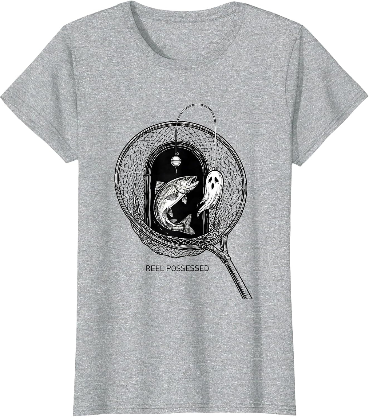 Reel Possessed Line Art Halloween Fishing Ghost Trout Spooky T-Shirt - Heather Grey