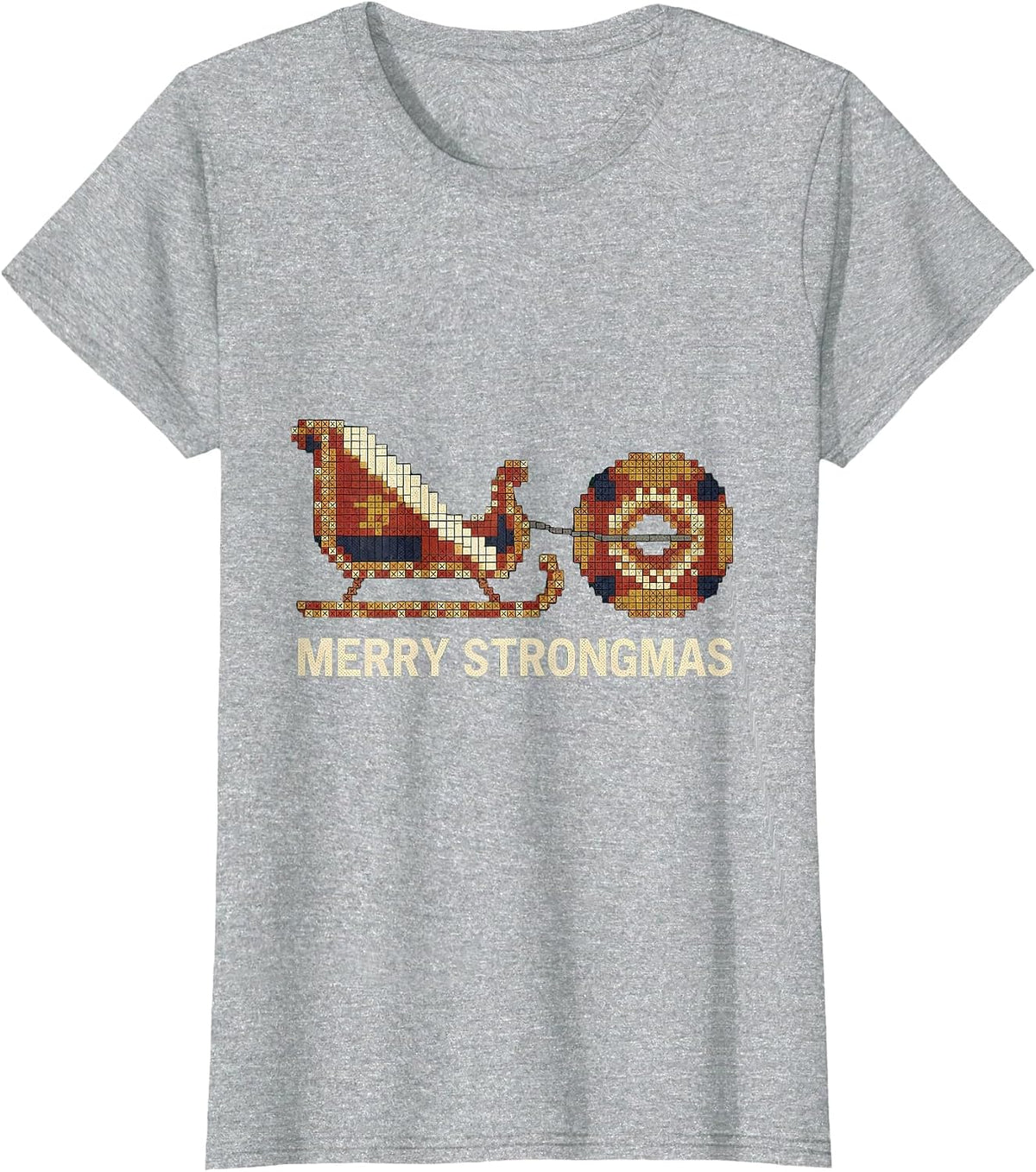Merry Strongmas Cross Stitch Sampler Funny Christmas Gym T-Shirt - Heather Grey