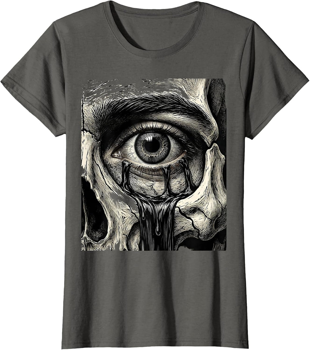 Women's Emo Crying Eye Black Tears Pale Face Graphic T-Shirt - Asphalt Grey
