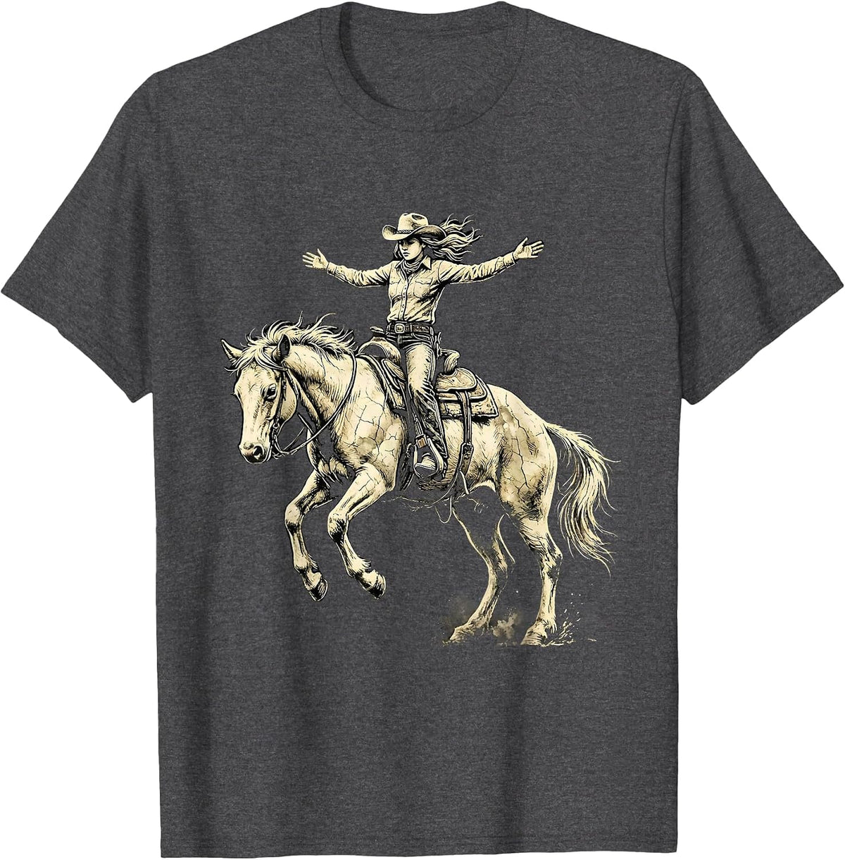 Cowgirl Riding Bucking Bronco Western Rodeo Art T-Shirt - Dark Heather Grey