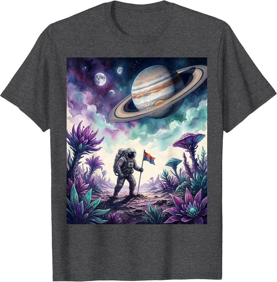 Men's Astronaut Planting Flag on Colorful Alien Planet T-Shirt - Dark Heather Grey