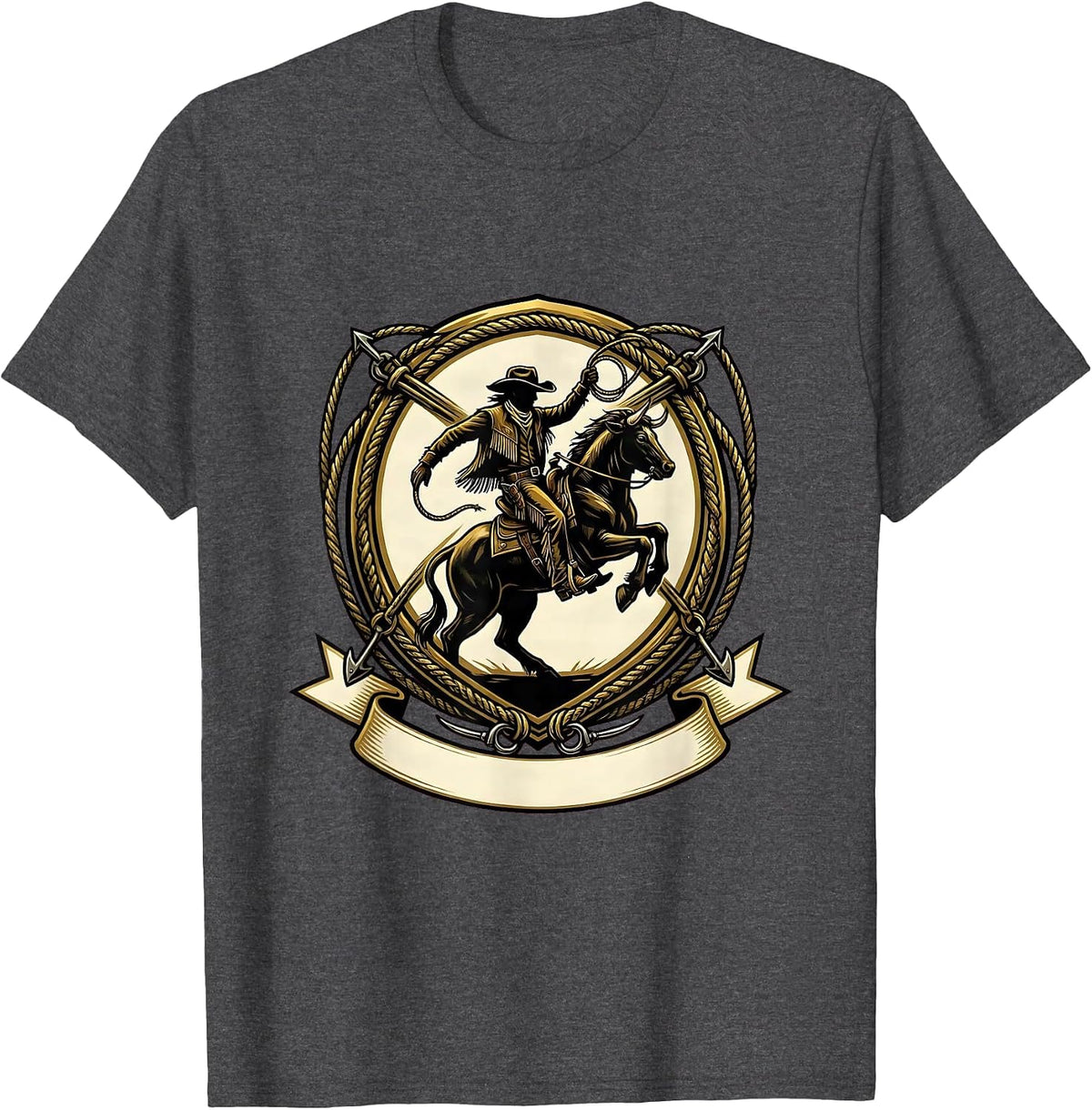 Cowgirl Riding Cowboy Rodeo Arena Illustration T-Shirt - Dark Heather Grey
