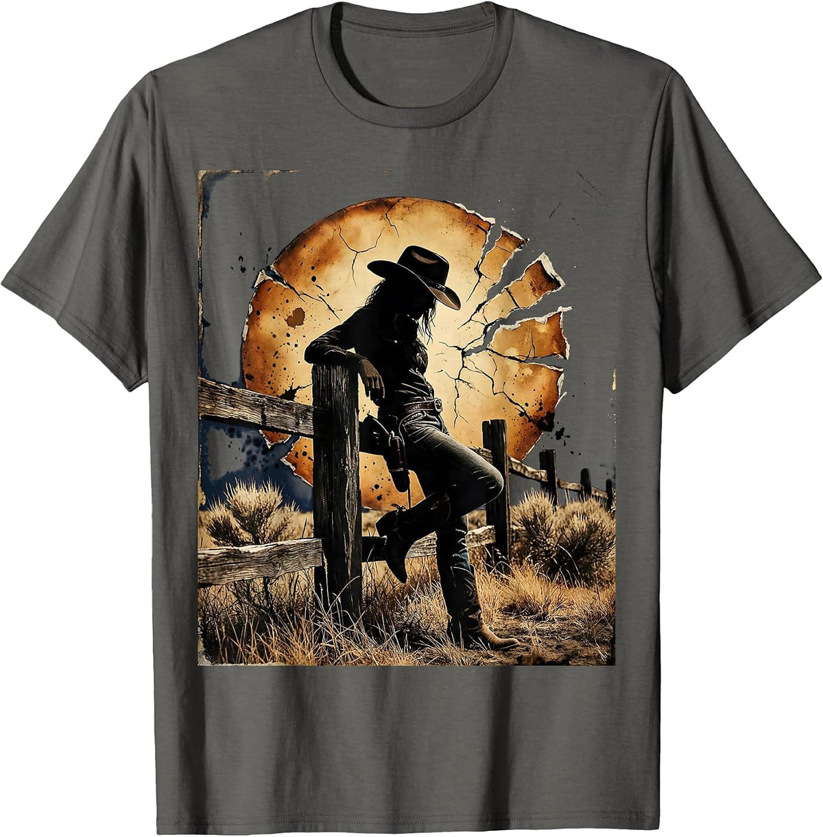 Men's Cowgirl Leaning on Fence Sunset Rodeo Design T-Shirt - Asphalt Grey