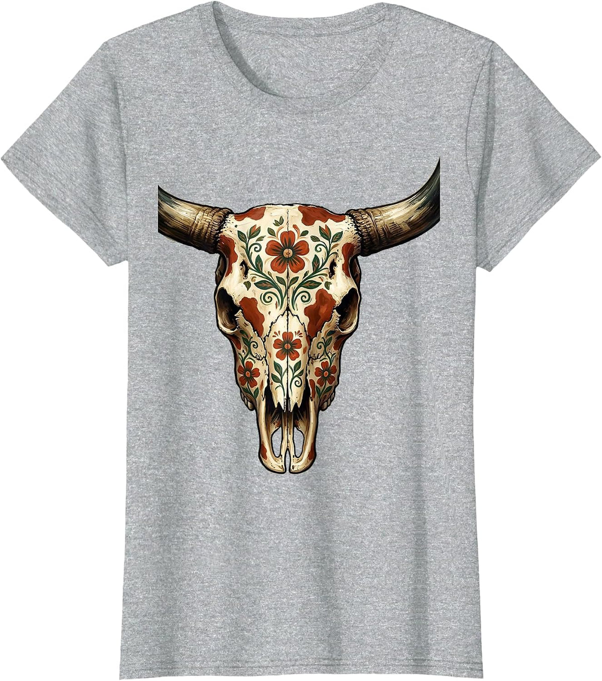 Longhorn Skull Floral Cow Print Boho Western T-Shirt - Heather Grey