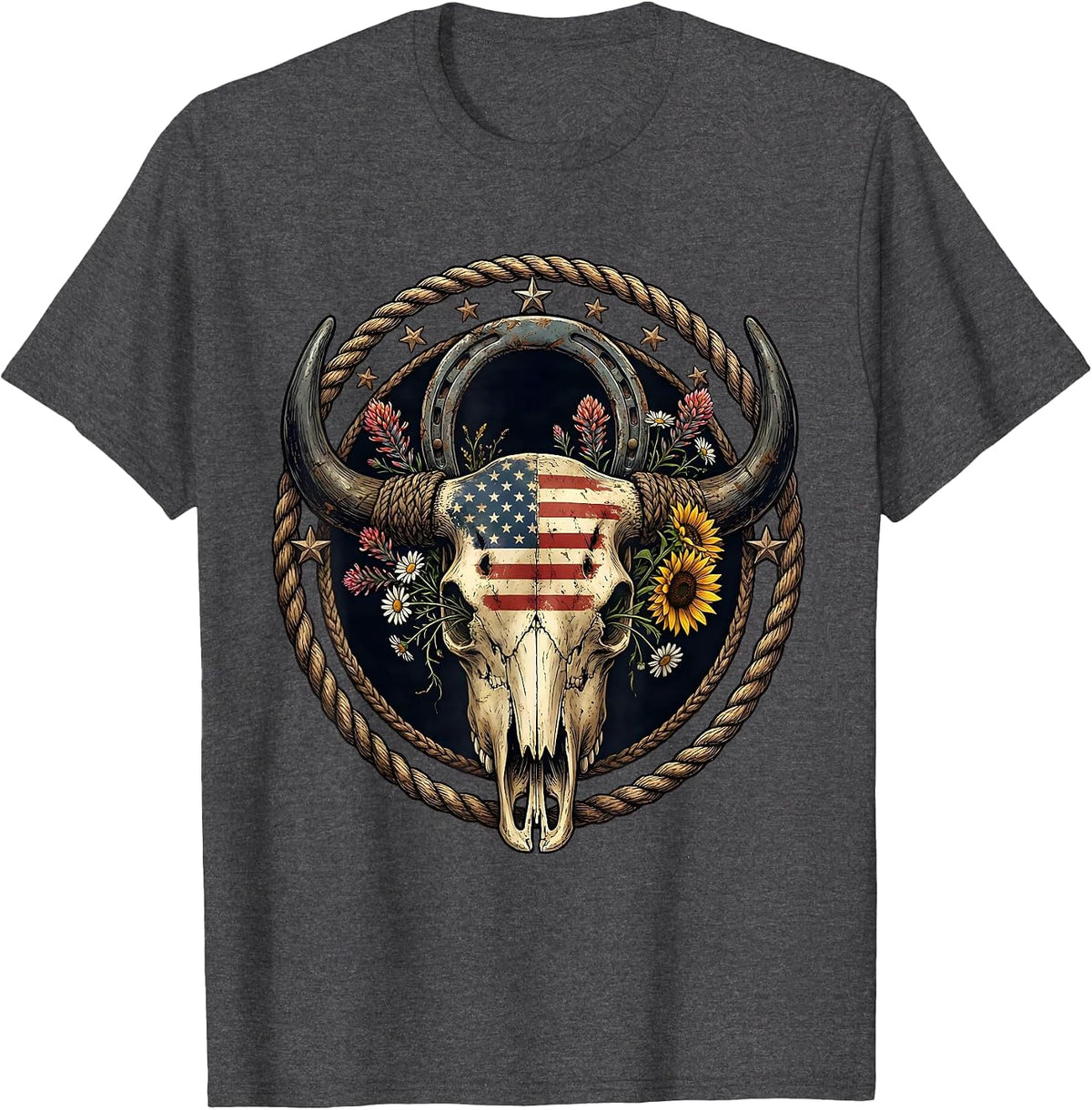 Men's Buffalo Skull Wildflowers Western Boho USA Design T-Shirt - Dark Heather Grey