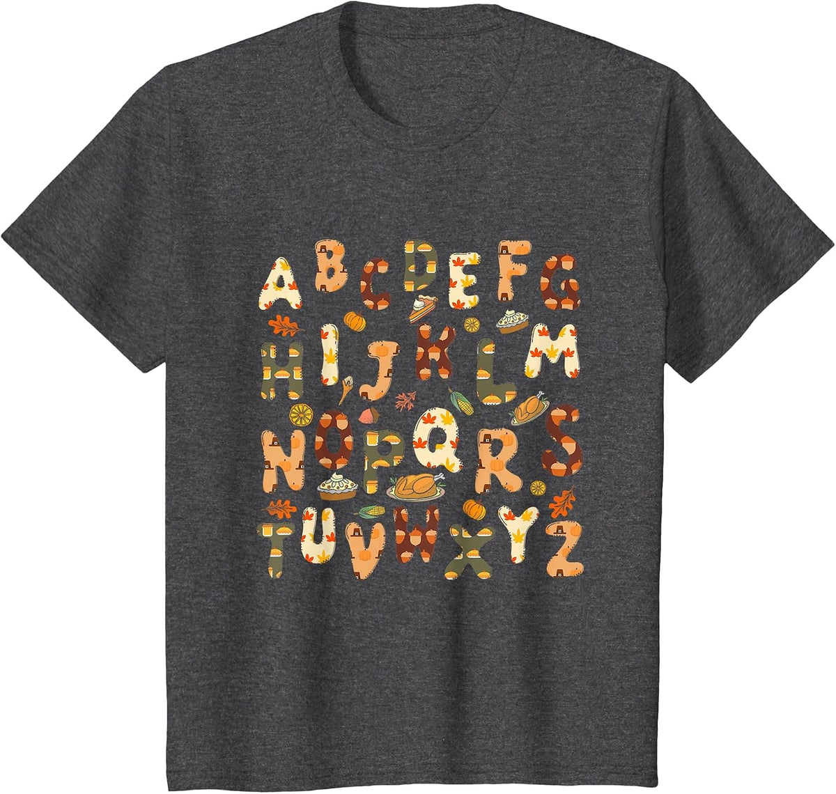 Thanksgiving ABC Alphabet Turkey Day Fall Leaves Teacher T-Shirt - Dark Heather Grey