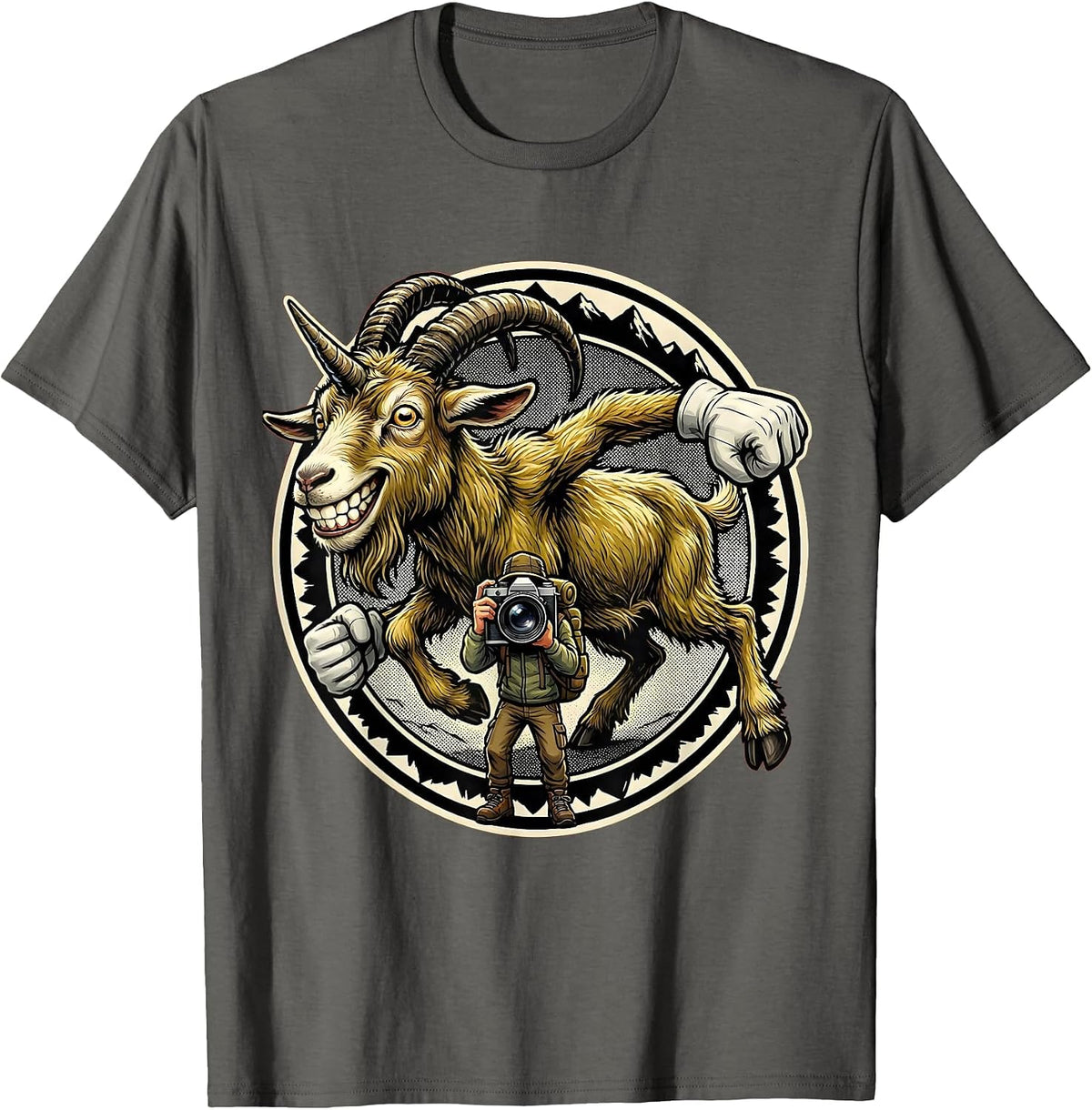 Mountain Goat Photobomb Funny Hiking Graphic T-Shirt - Asphalt Grey