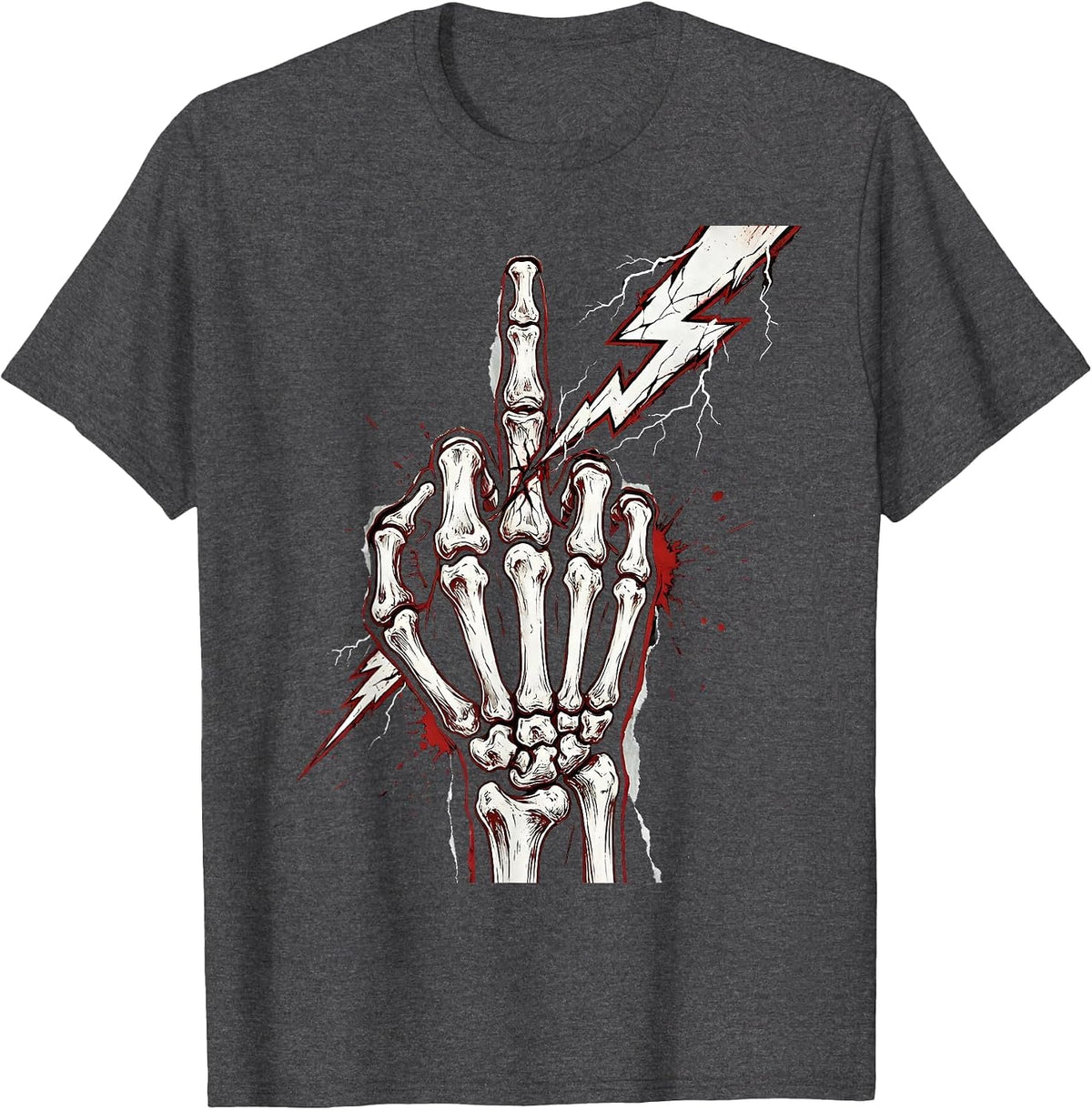 Skeleton Hand Middle Finger Lightning Bolt Graphic T-Shirt - Dark Heather Grey