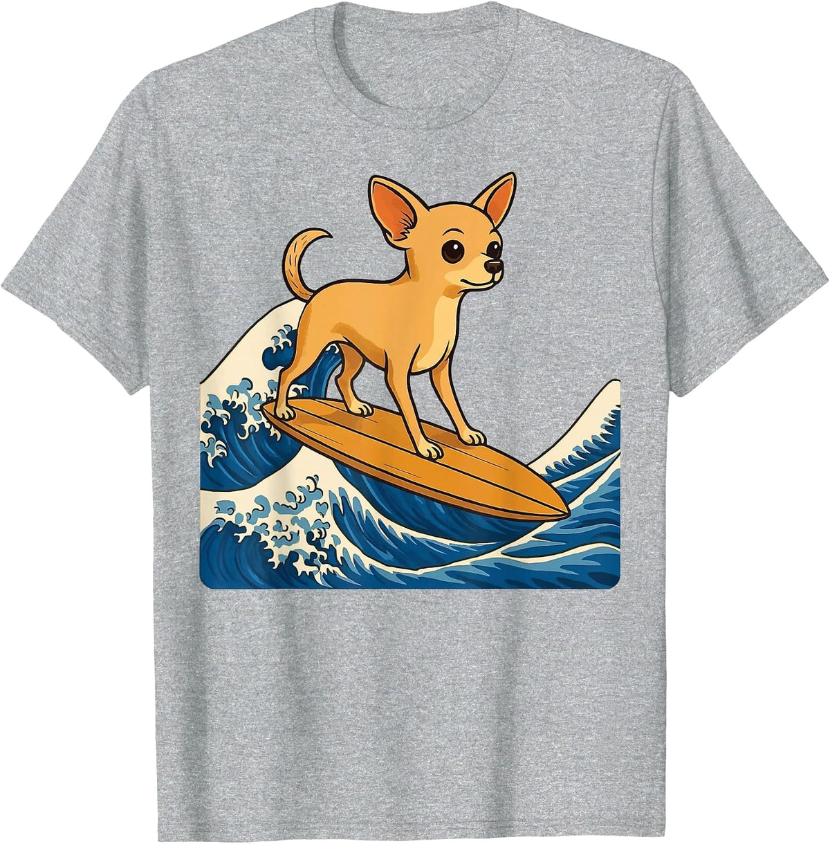 Chihuahua Surfing Japanese Wave T-Shirt - Heather Grey