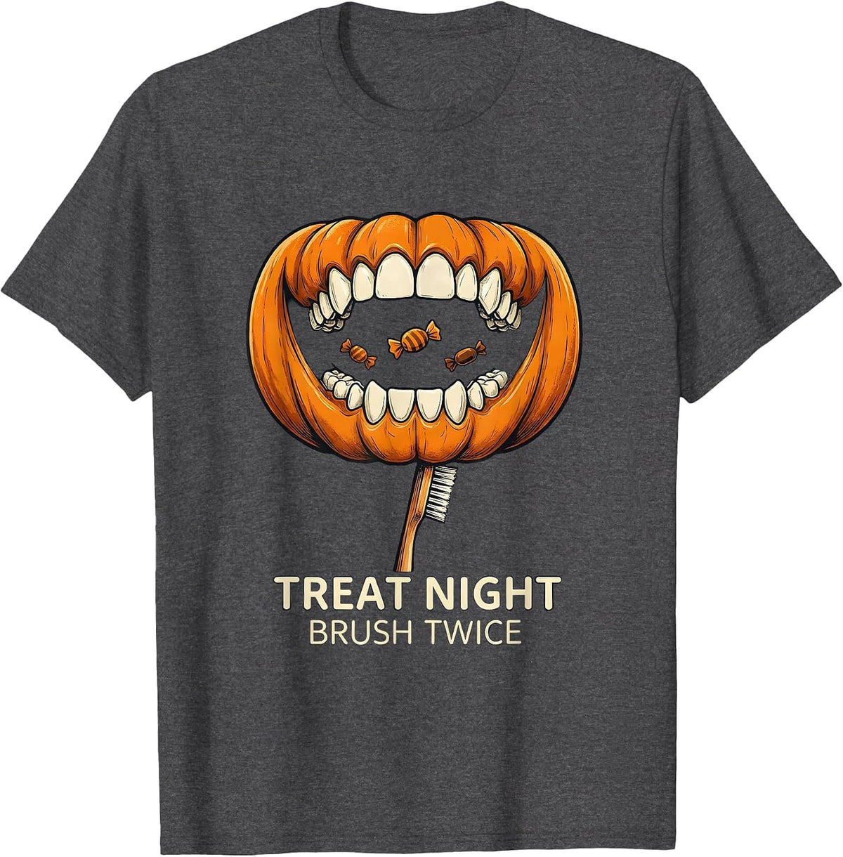 Men's Treat Night Brush Twice Funny Dentist Halloween Costume T-Shirt - Dark Heather Grey