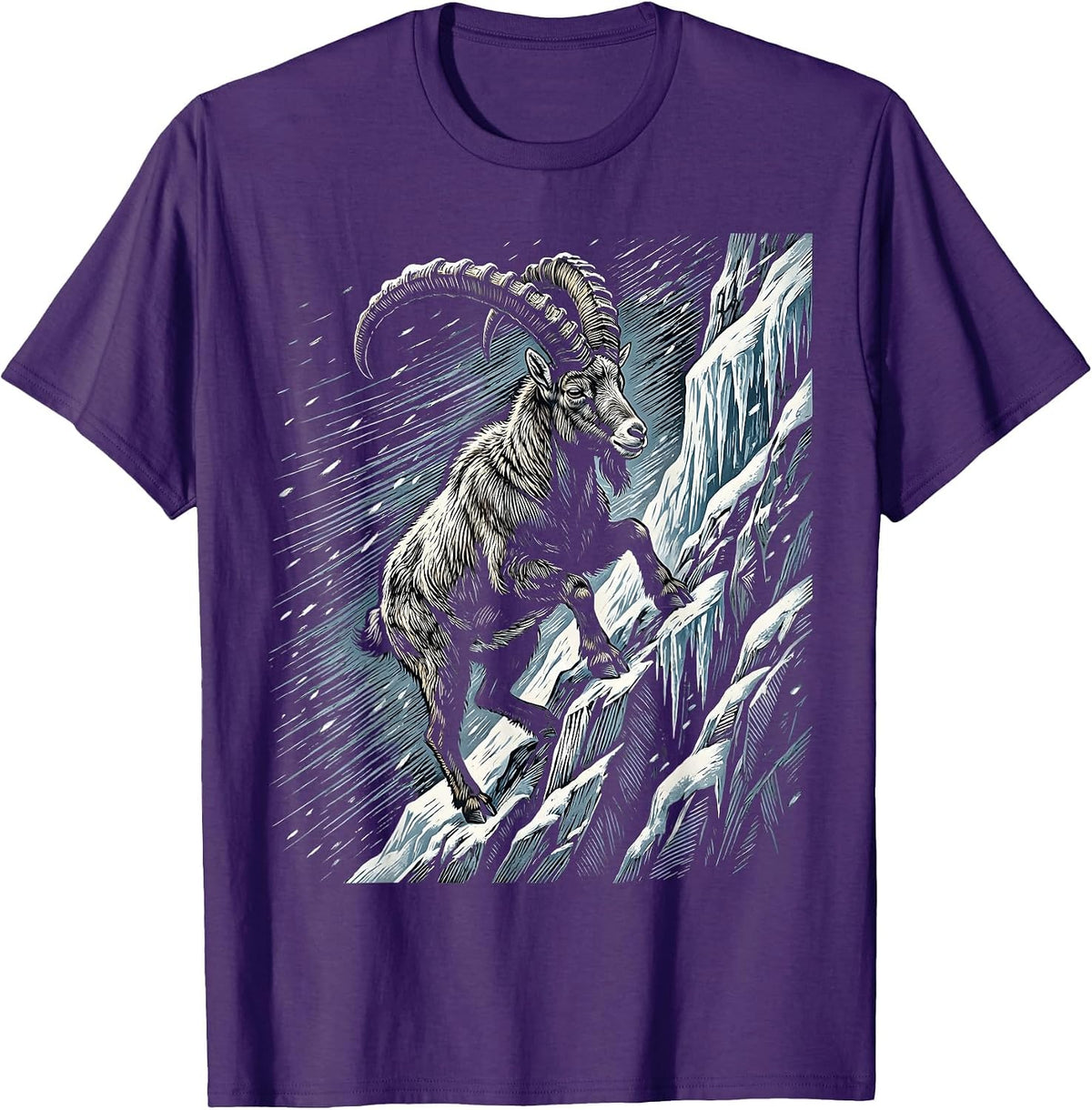 Mountain Goat Blizzard Icy Cliff Climbing Design T-Shirt - Purple