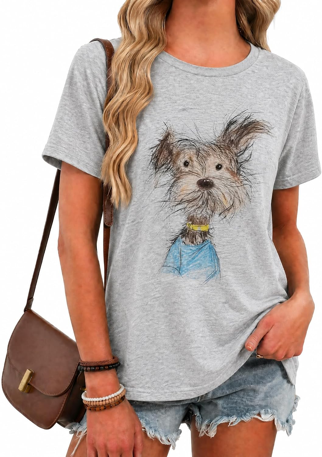 Women's Animal Graphic Tee: Funny Vintage Print T-Shirt, Summer Cotton Casual Top - Dog-heather Grey