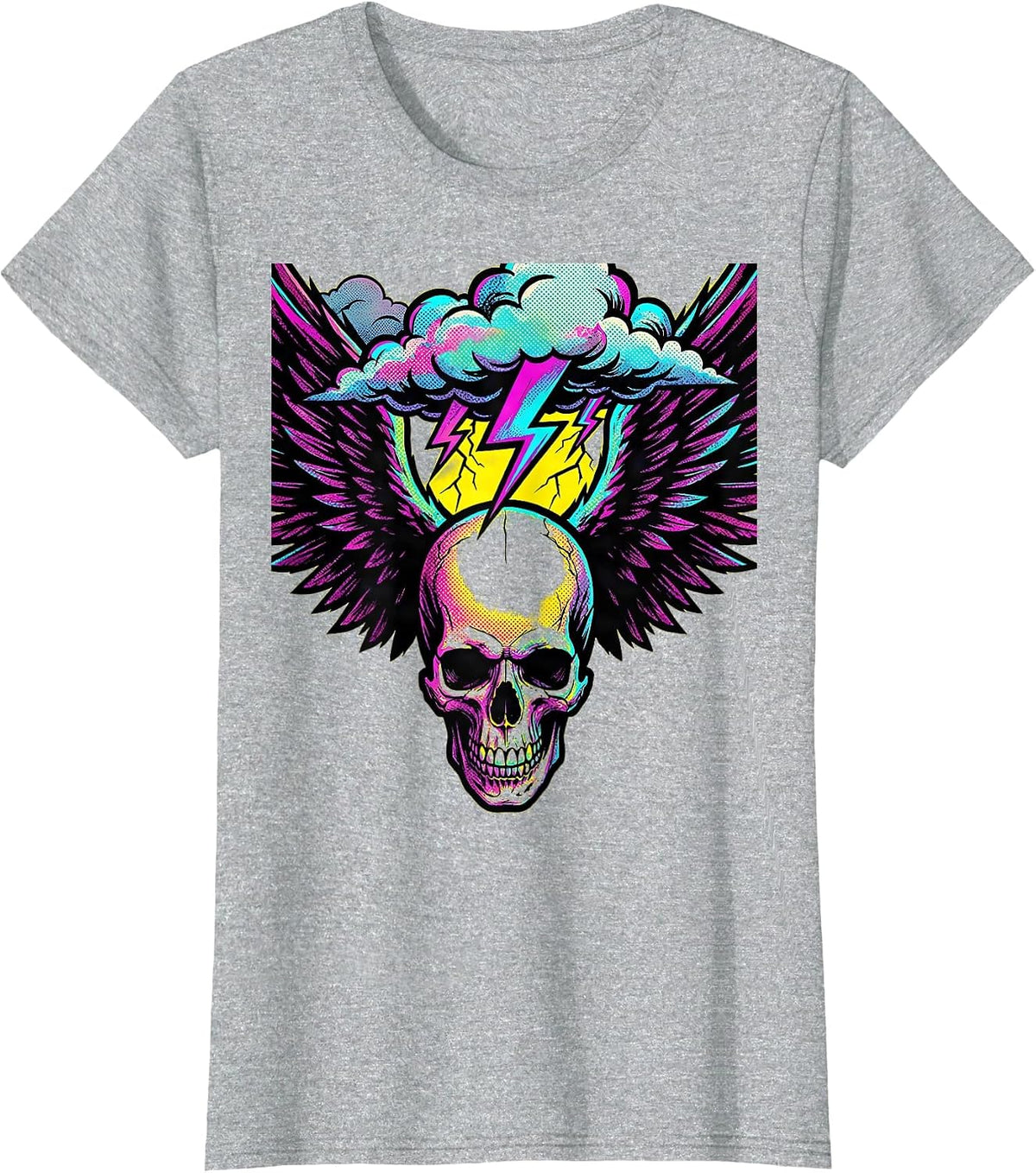 Winged Skull Storm Clouds Rock Graphic T-Shirt - Heather Grey