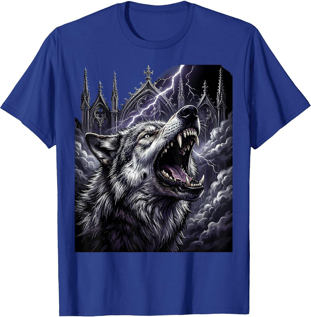 Snarling Wolf Lightning Thunderstorm Graphic T-Shirt - Royal Blue
