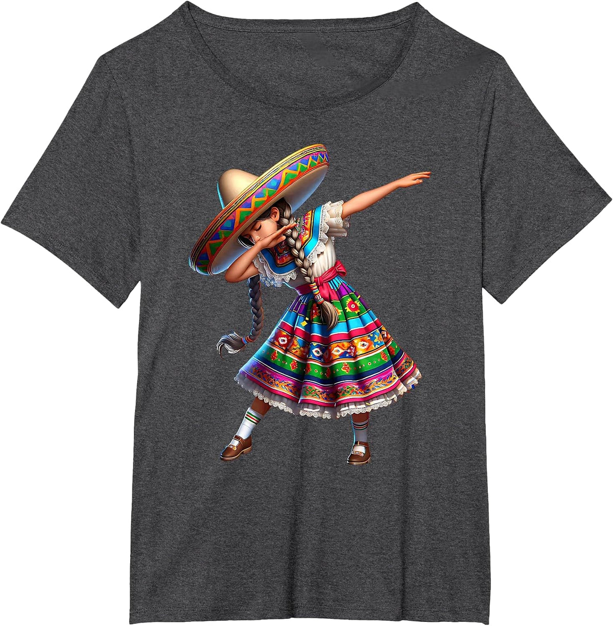 Funny Dabbing Mexican Poncho Sombrero Cinco de Mayo Girl T-Shirt - Dark Heather Grey