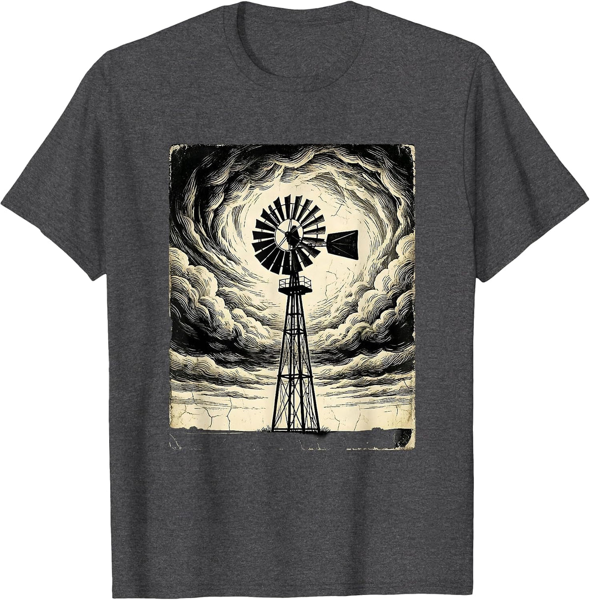 Lone Windmill Storm Clouds Dramatic Sky Art T-Shirt - Dark Heather Grey