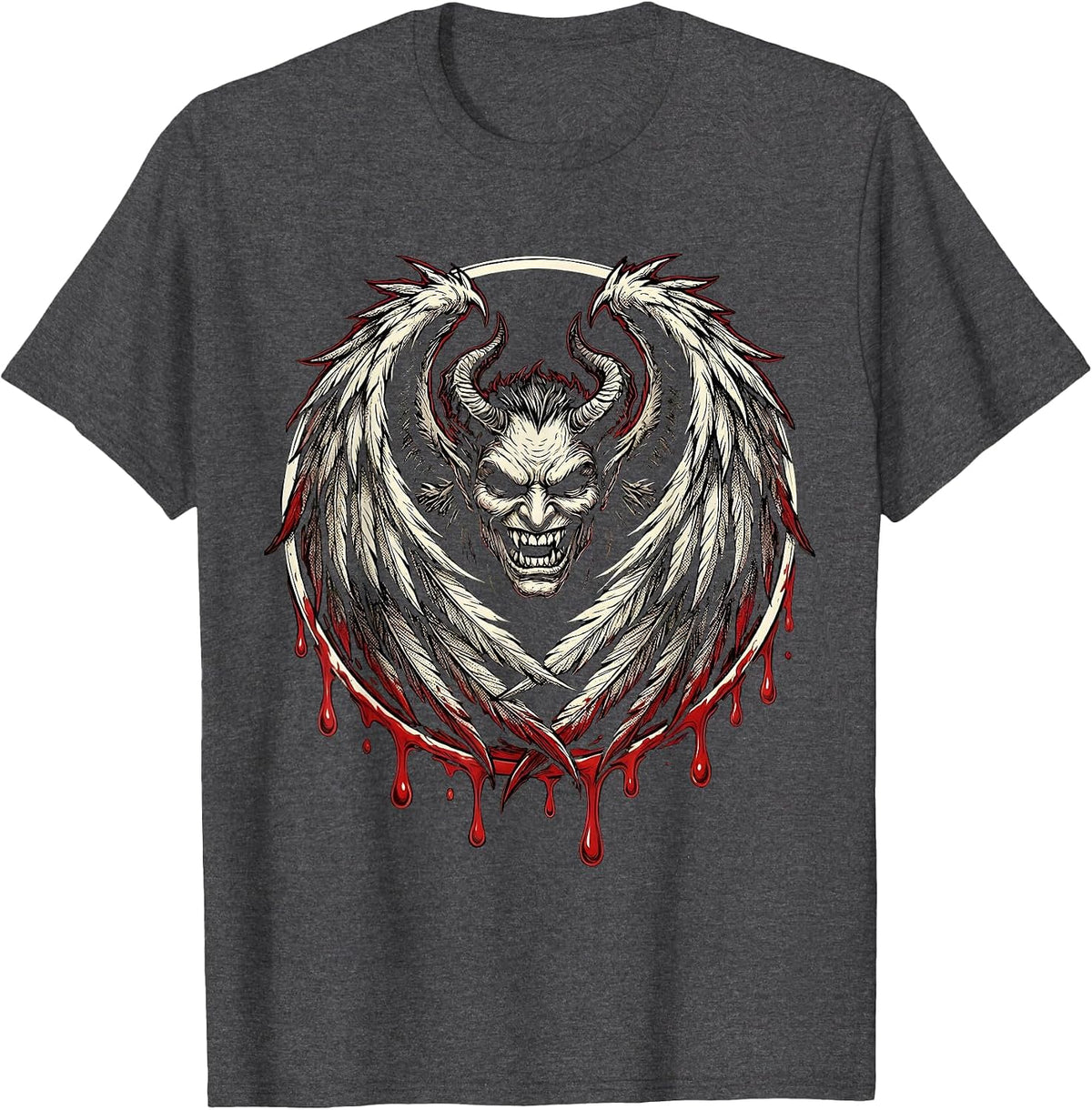 Men's Crimson Demon Wings Dripping Blood Graphic T-Shirt - Dark Heather Grey
