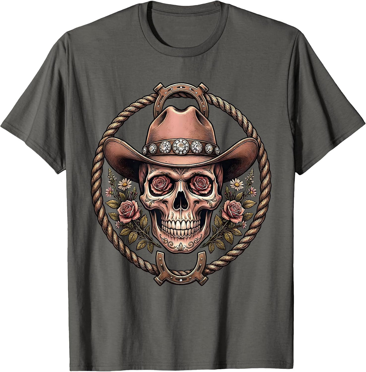 Floral Skull Rhinestone Cowboy Hat Western Design T-Shirt - Asphalt Grey