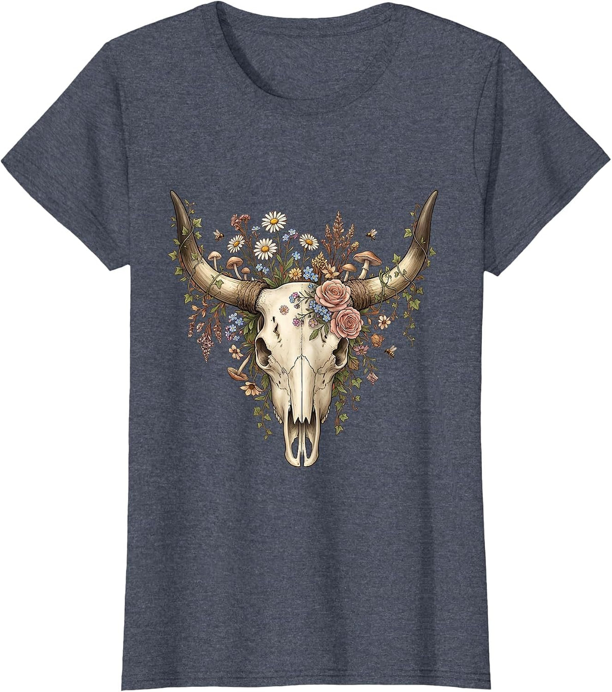 Women's Longhorn Skull Floral Crown Western Boho Design T-Shirt - Heather Blue