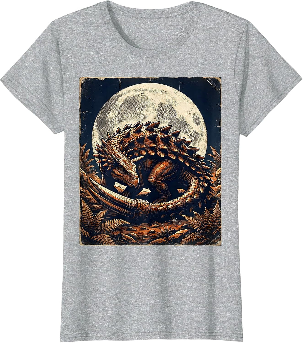 Ankylosaurus Moonlit Night Dinosaur Illustration T-Shirt - Heather Grey