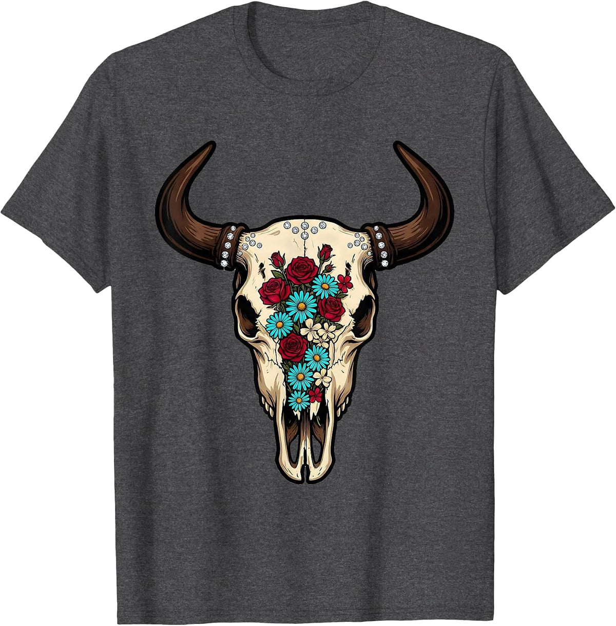 Men's Bull Skull Wildflowers Boho Western Floral Illustration T-Shirt - Dark Heather Grey