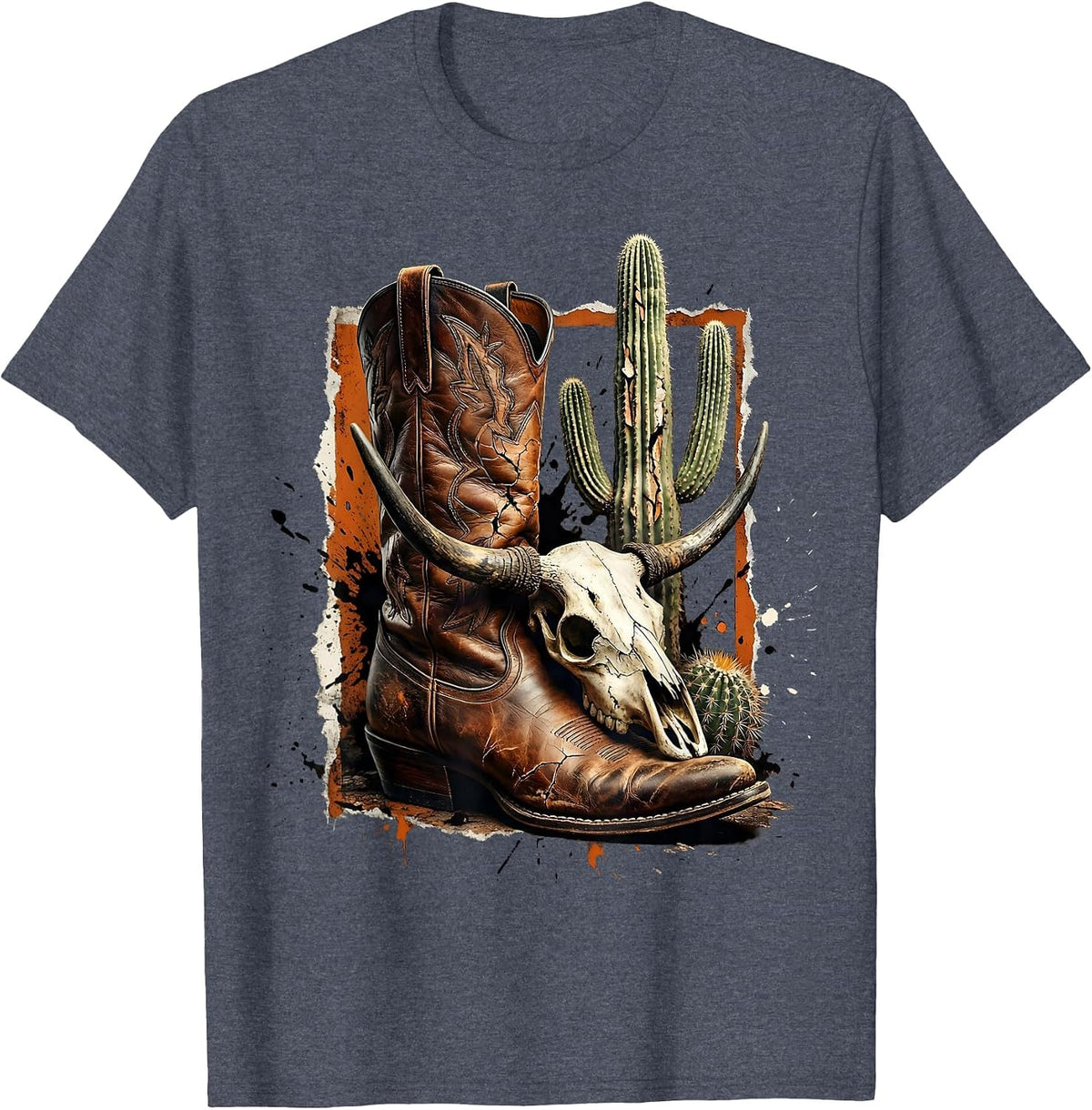 Cowgirl Boot Cactus Skull Western Graphic T-Shirt - Heather Blue