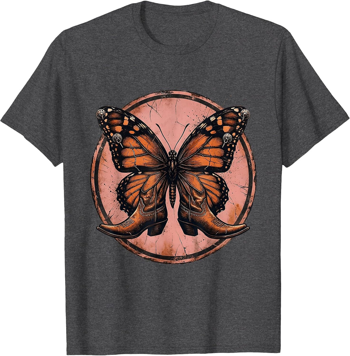 Butterfly Wings Cowgirl Boots Western Art T-Shirt - Dark Heather Grey