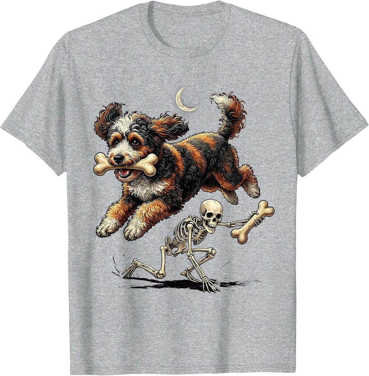 Men's Curly-Coated Bernedoodle Skeleton Chasing Halloween Humor T-Shirt - Heather Grey