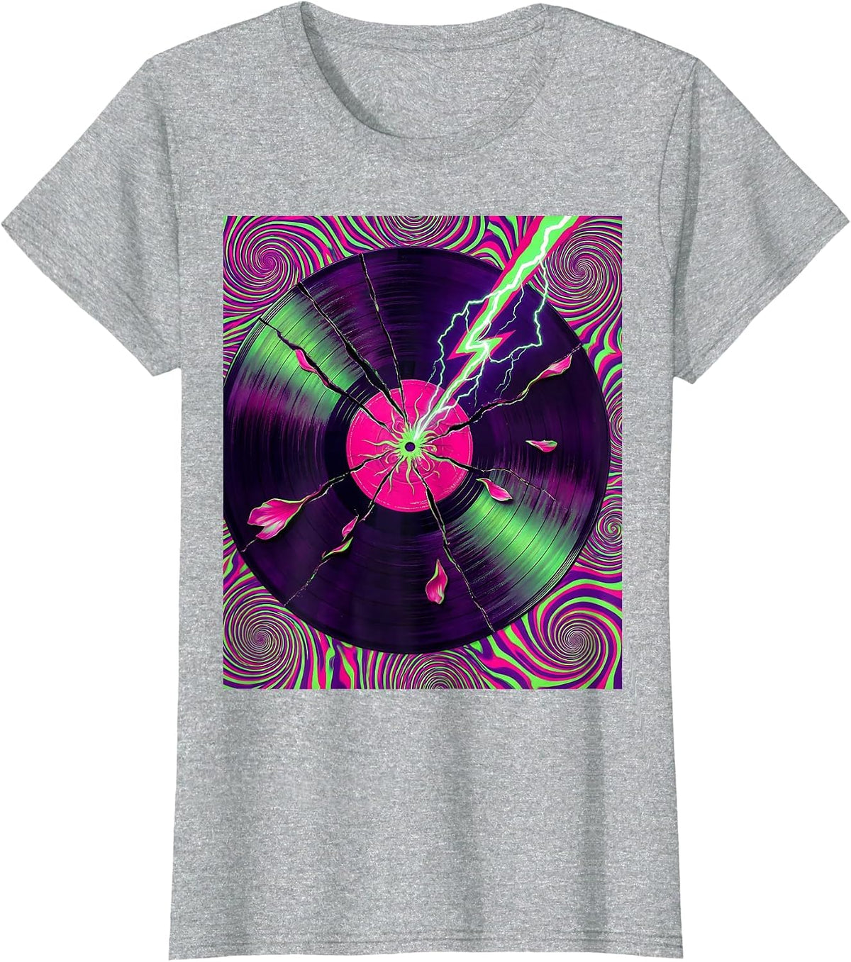 80s Lightning Bolt Cracking Vinyl Record Graphic T-Shirt - Heather Grey