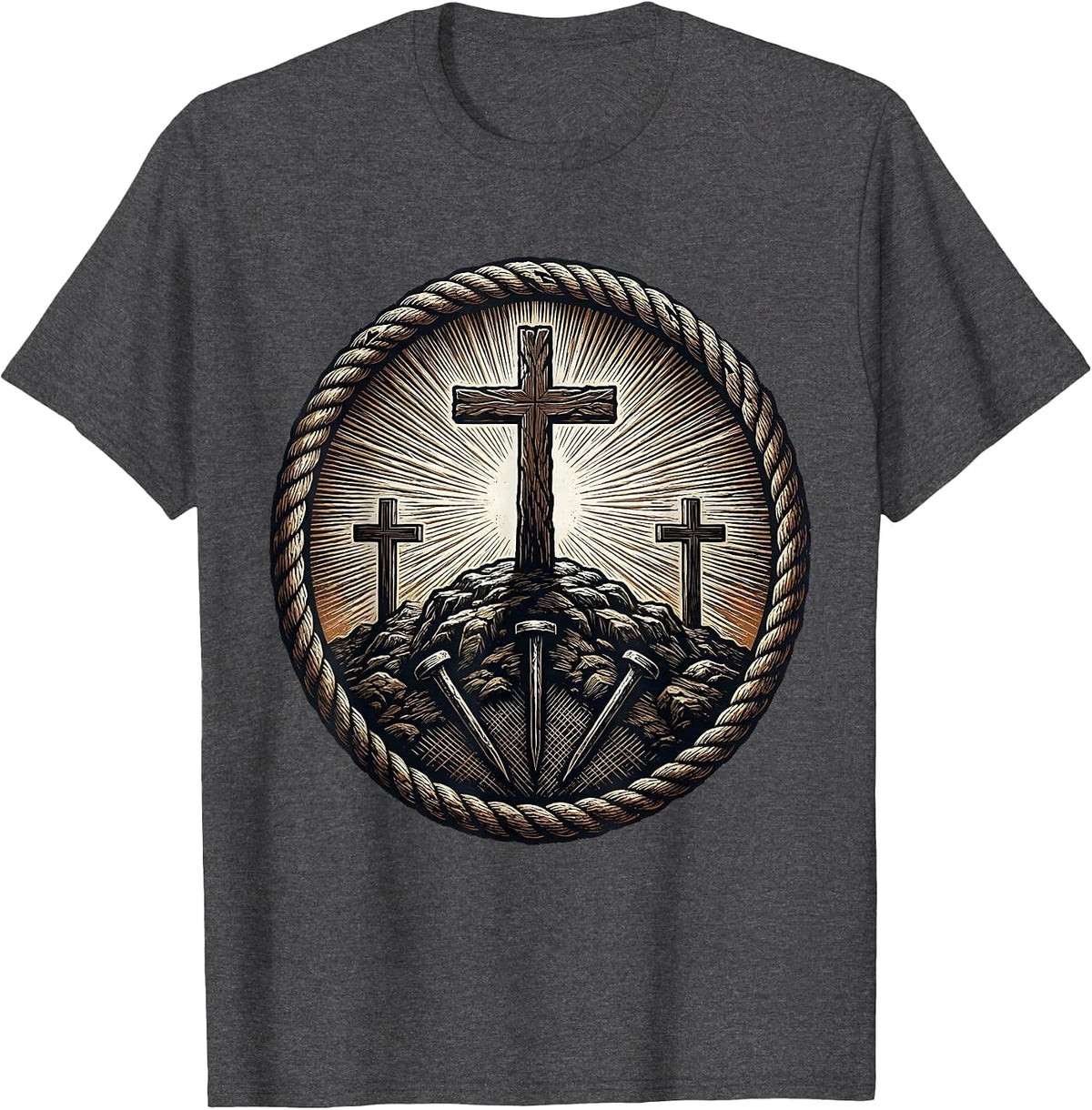 3 Nails Cross Hilltop Sunset Silhouette Design T-Shirt - Dark Heather Grey