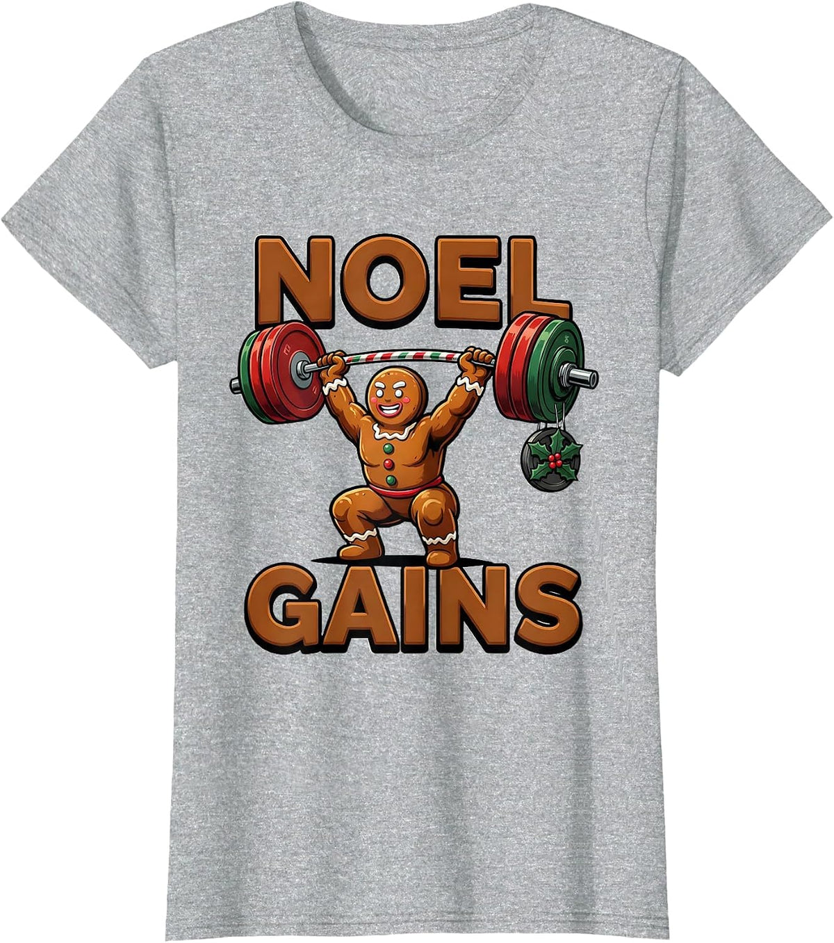 Women's Noel Gains Funny Gingerbread Man Gym Weightlifting Christmas T-Shirt - Heather Grey