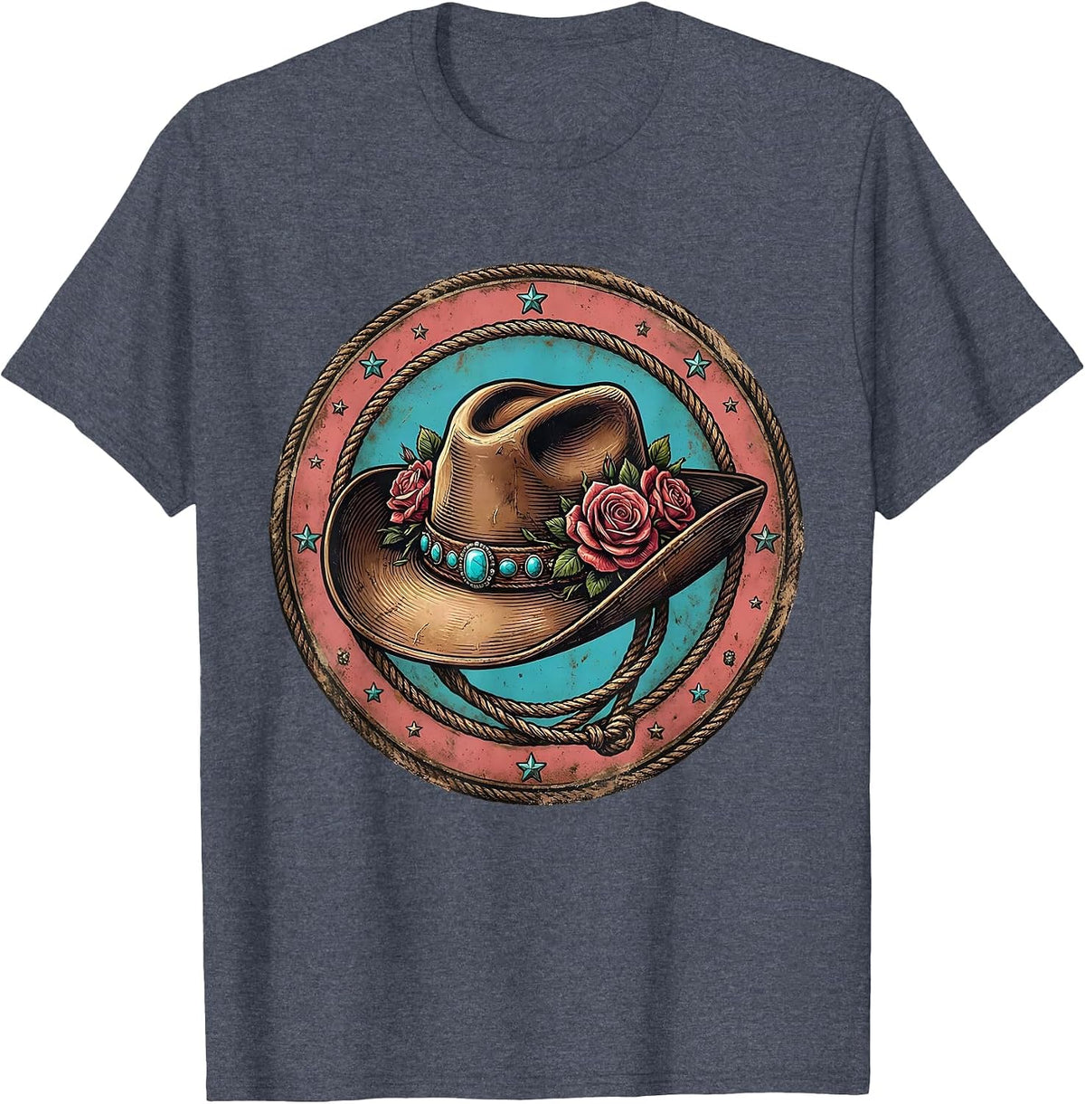 Cowgirl Hat Roses and Turquoise Rodeo Design T-Shirt - Heather Blue