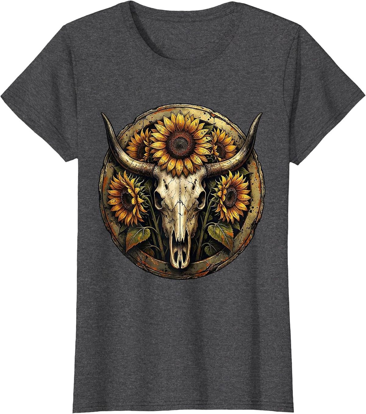 Women's Sunflower Cow Skull Western Boho Graphic T-Shirt - Dark Heather Grey
