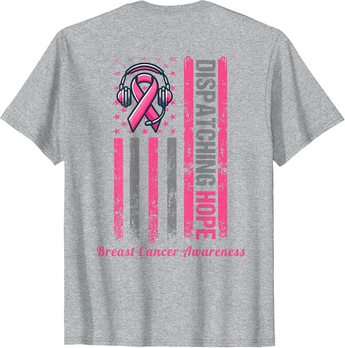 (ON Back) Dispatcher Breast Cancer Awareness Pink Ribbon T-Shirt - Heather Grey
