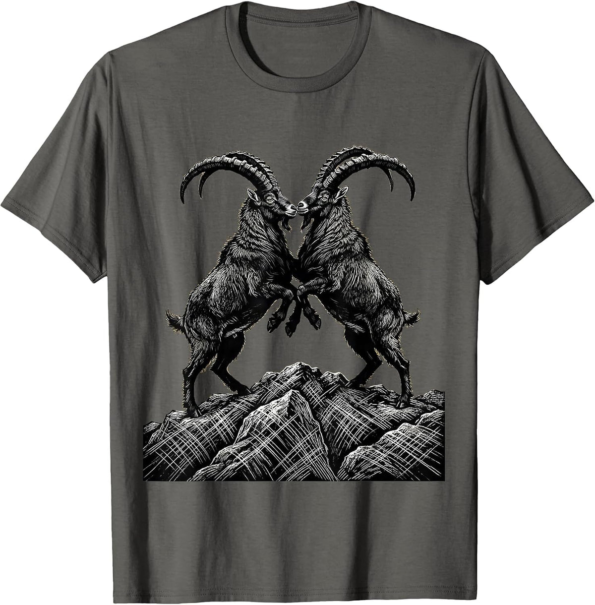 Men's Two Goats Locking Horns on a Hilltop Graphic T-Shirt - Asphalt Grey