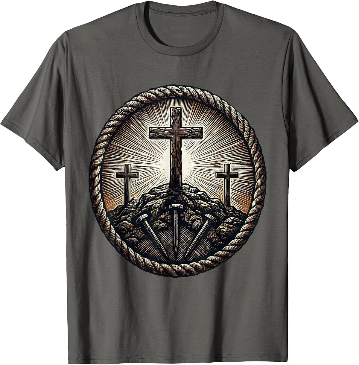 3 Nails Cross Hilltop Sunset Silhouette Design T-Shirt - Asphalt Grey