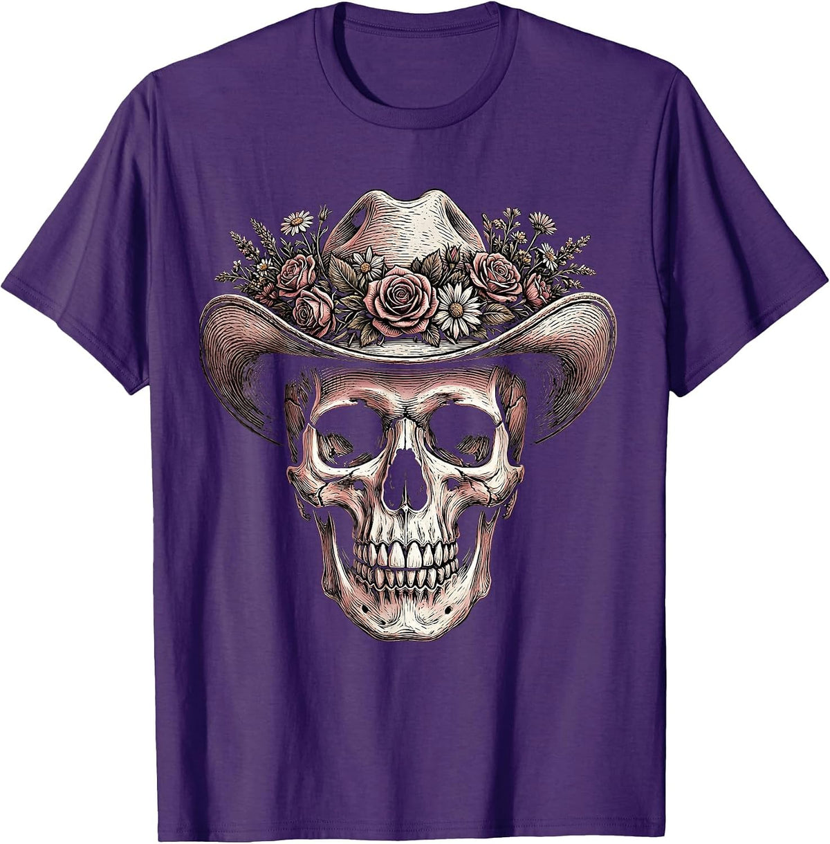 Cowgirl Skull Floral Crown Western Art Design T-Shirt - Purple
