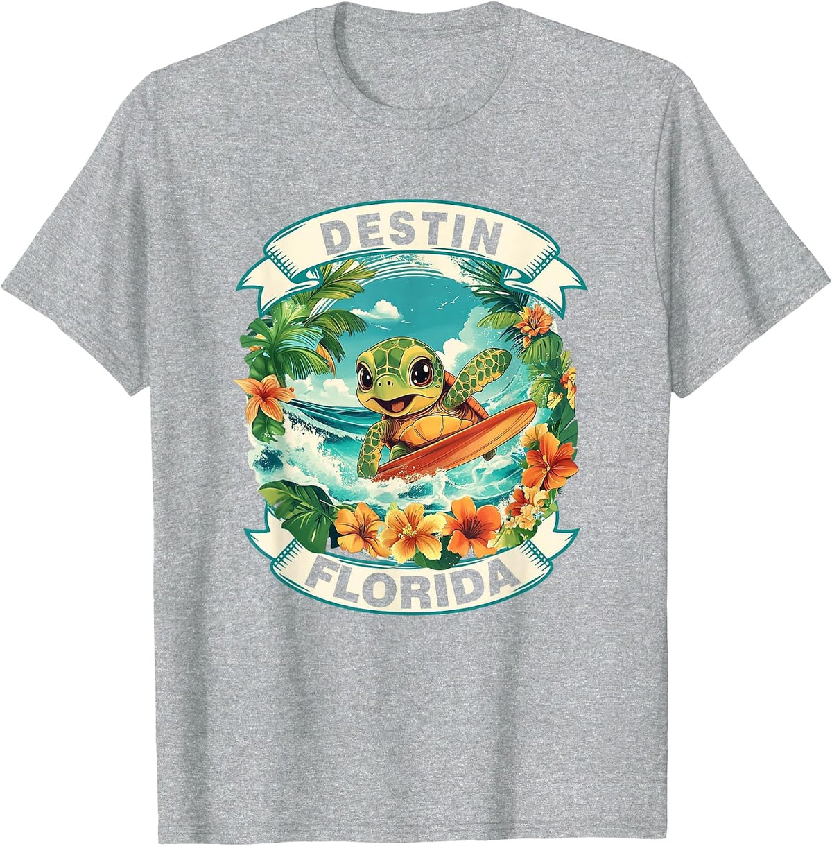 Destin Florida Cute Sea Turtle Surfing Summer Vacation T-Shirt - Heather Grey