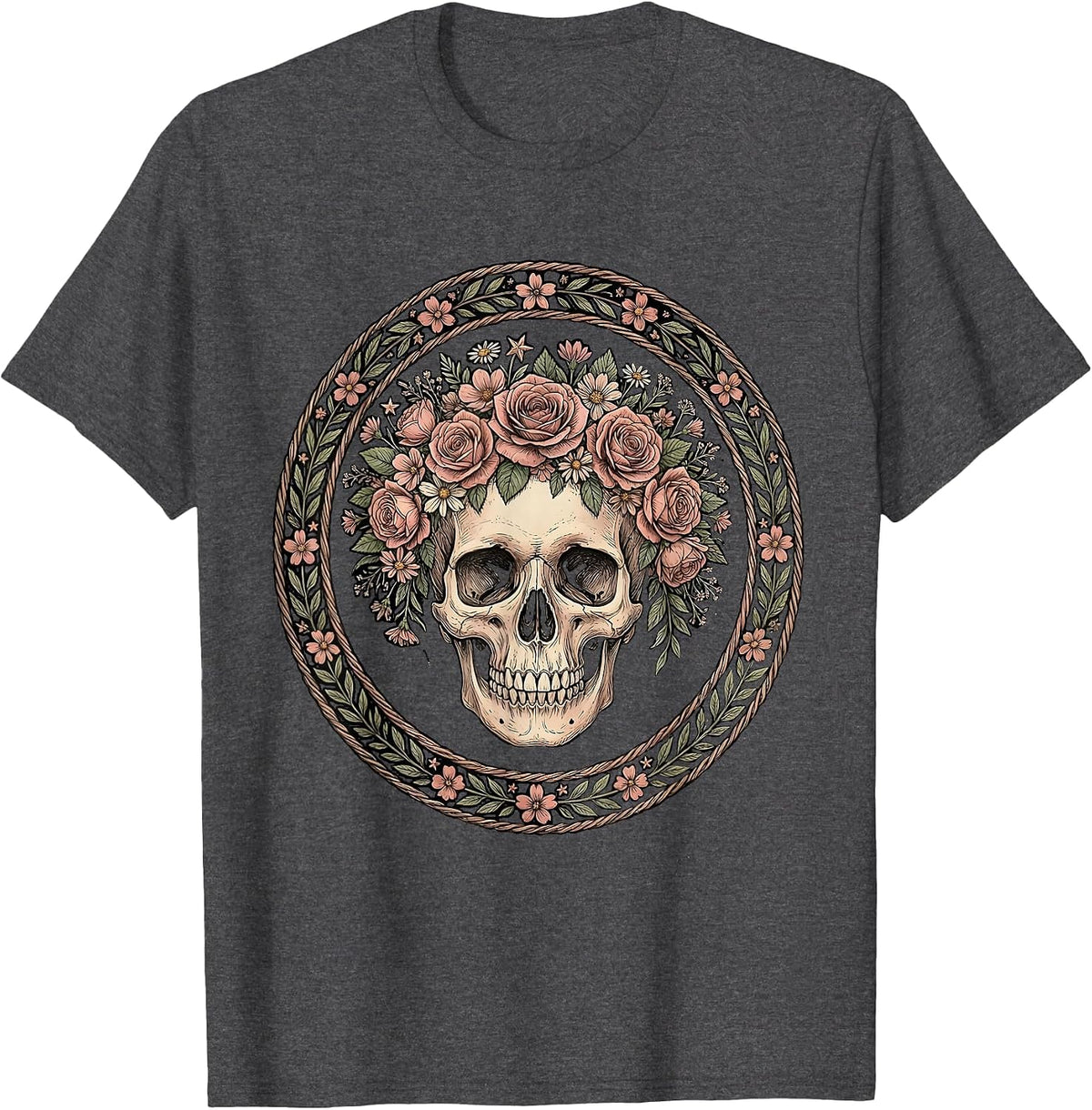 Patriotic Floral Skull Red White and Blue T-Shirt - Dark Heather Grey