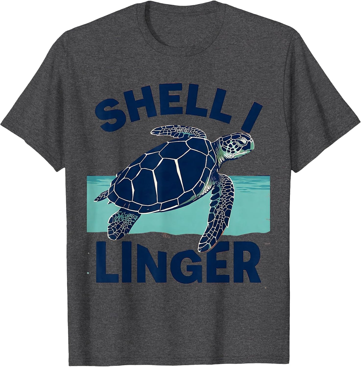 Shell I Linger Screenprint Sea Turtle Beach Souvenir T-Shirt - Dark Heather Grey