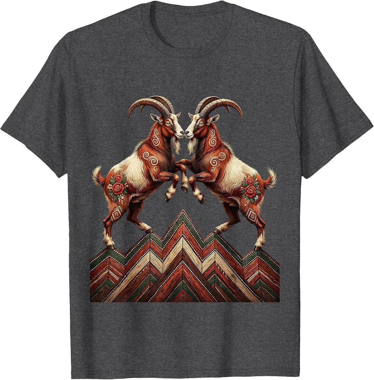Men's Two Goats Locking Horns on a Mountain Ridge T-Shirt - Dark Heather Grey
