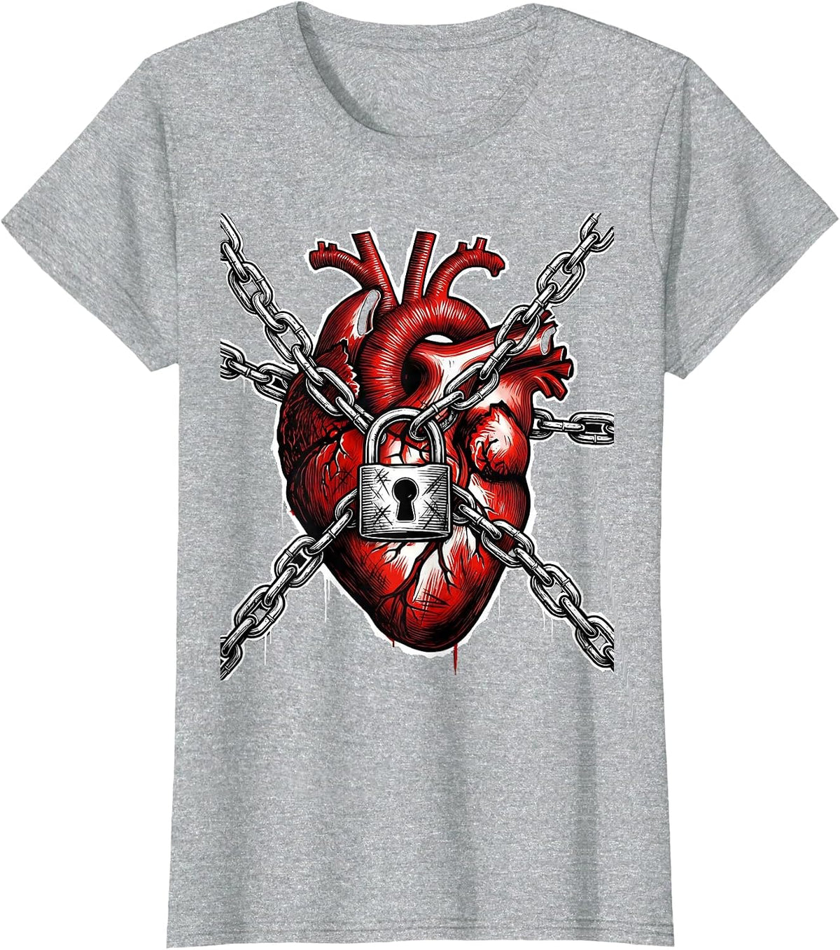 Grunge Chained Heart Padlock Graphic T-Shirt - Heather Grey
