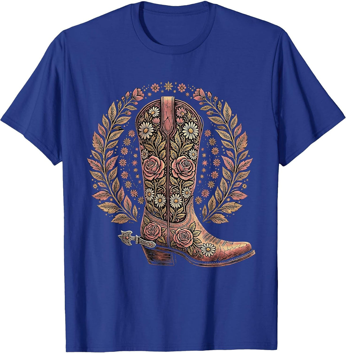 Floral Embroidery Western Boots Graphic Design T-Shirt - Royal Blue