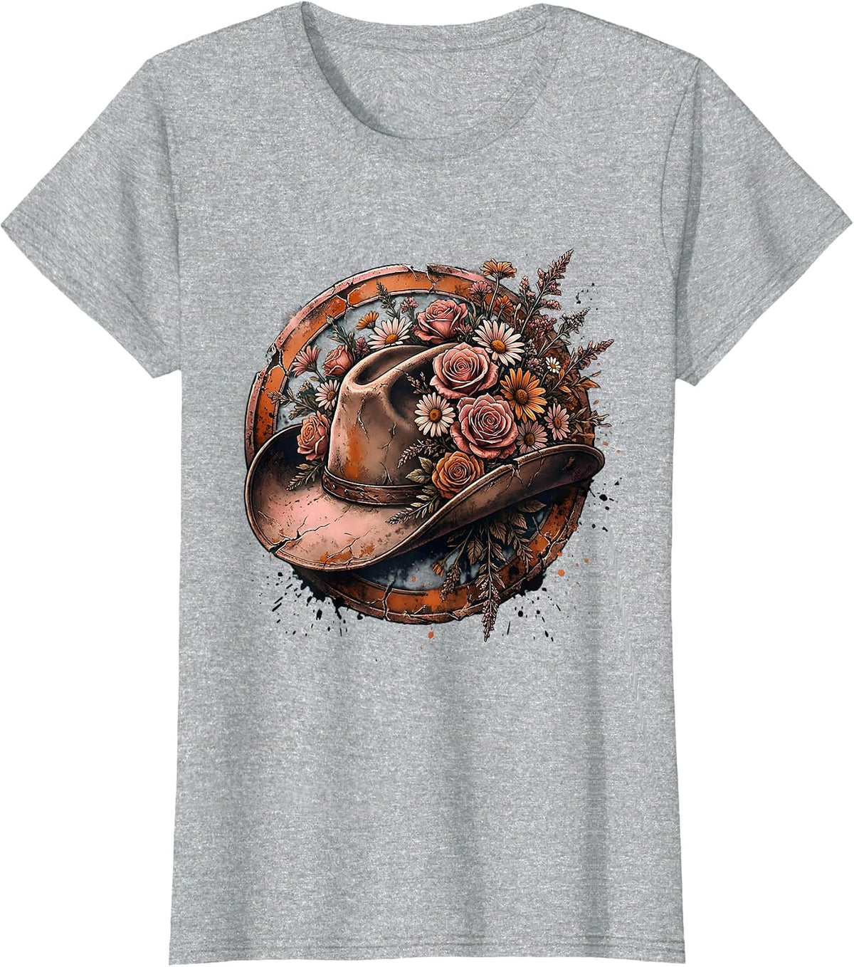 Floral Cowboy Hat Boho Western Wildflower Design T-Shirt - Heather Grey