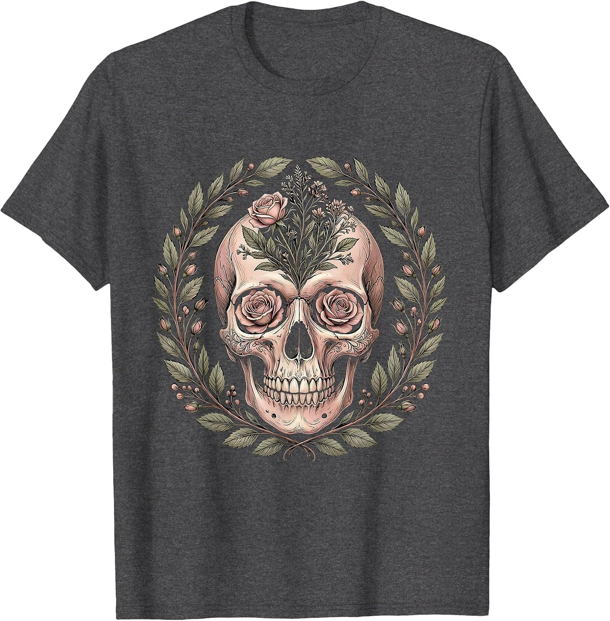 Men's Floral Skull Howdy Western Gothic Design T-Shirt - Dark Heather Grey